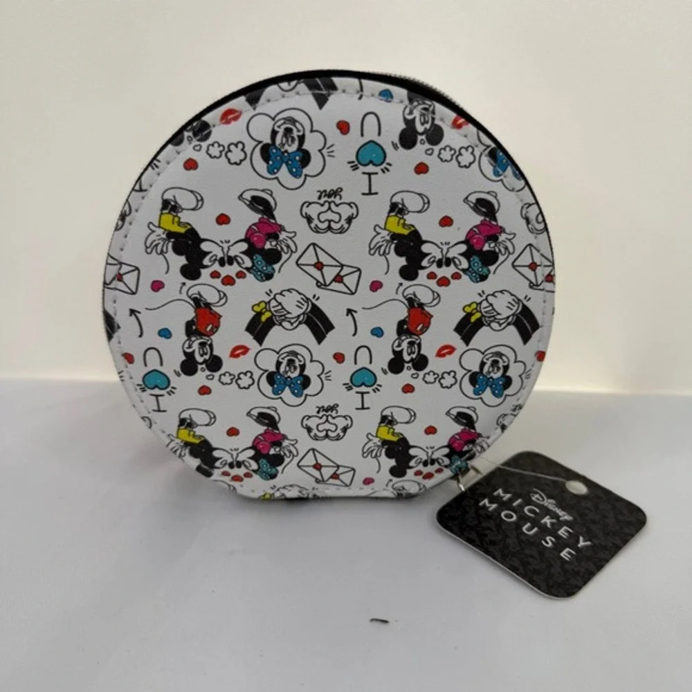 Disney Mickey Minnie Mouse Round Jewelry Case Zipper Travel Organizer NWT‎